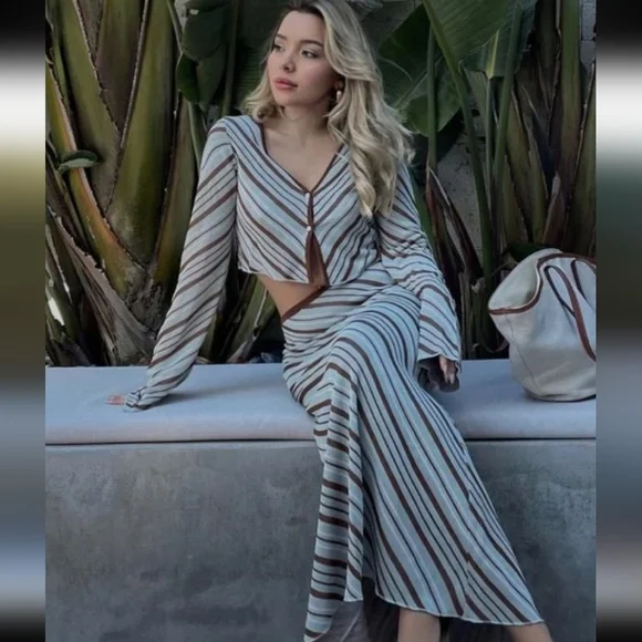 Zara Stripe Knit Top & Skirt Co Ord Set Size Large Green/ Brown Skirt Sets